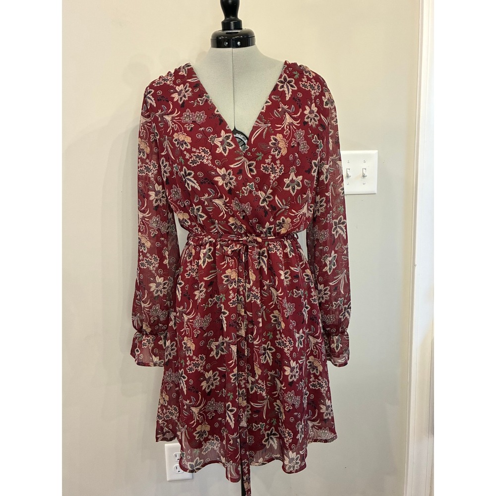 Gilli Burgundy Floral V-Neck Long Sleeve Tie Waist Mini Dress Size M